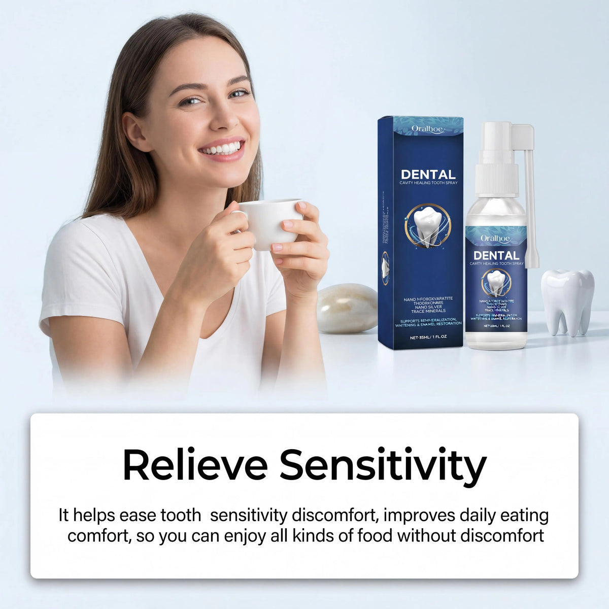 Oralhoe Cavity Care Tooth Spray Nano Hydroxyapatite Theobromine Nano Silver Trace Minerals Remineralization Whitening Enamel Restoration Oral Care Spray