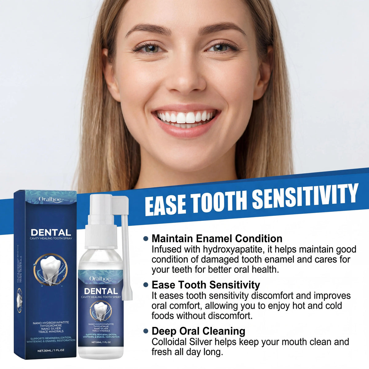 Oralhoe Cavity Care Tooth Spray Nano Hydroxyapatite Theobromine Nano Silver Trace Minerals Remineralization Whitening Enamel Restoration Oral Care Spray