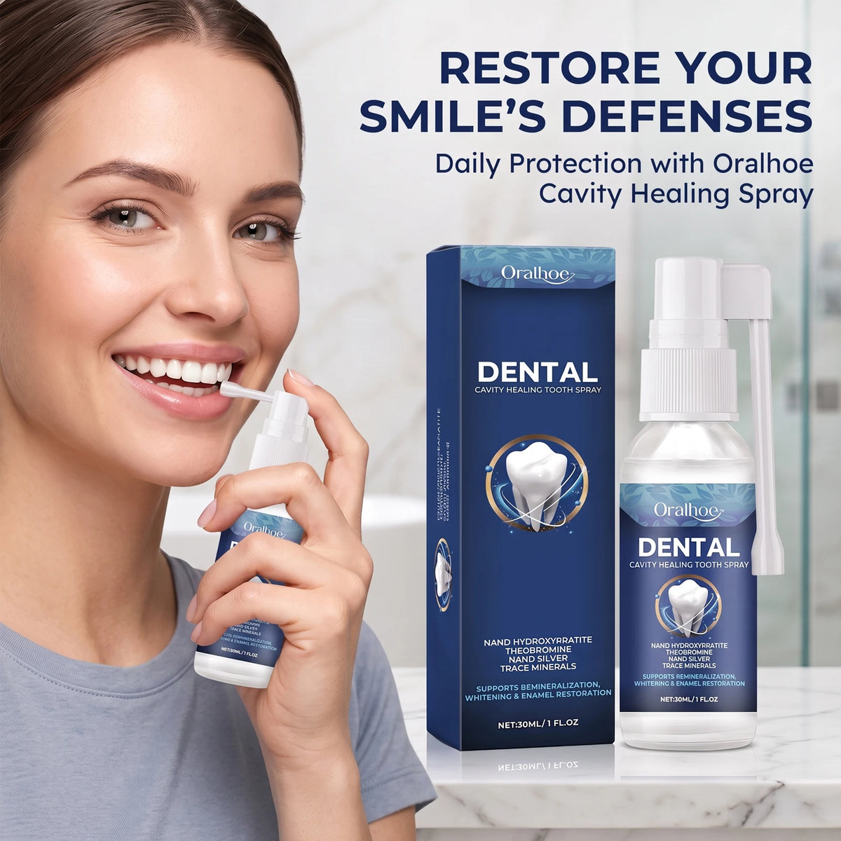 Oralhoe Cavity Care Tooth Spray Nano Hydroxyapatite Theobromine Nano Silver Trace Minerals Remineralization Whitening Enamel Restoration Oral Care Spray