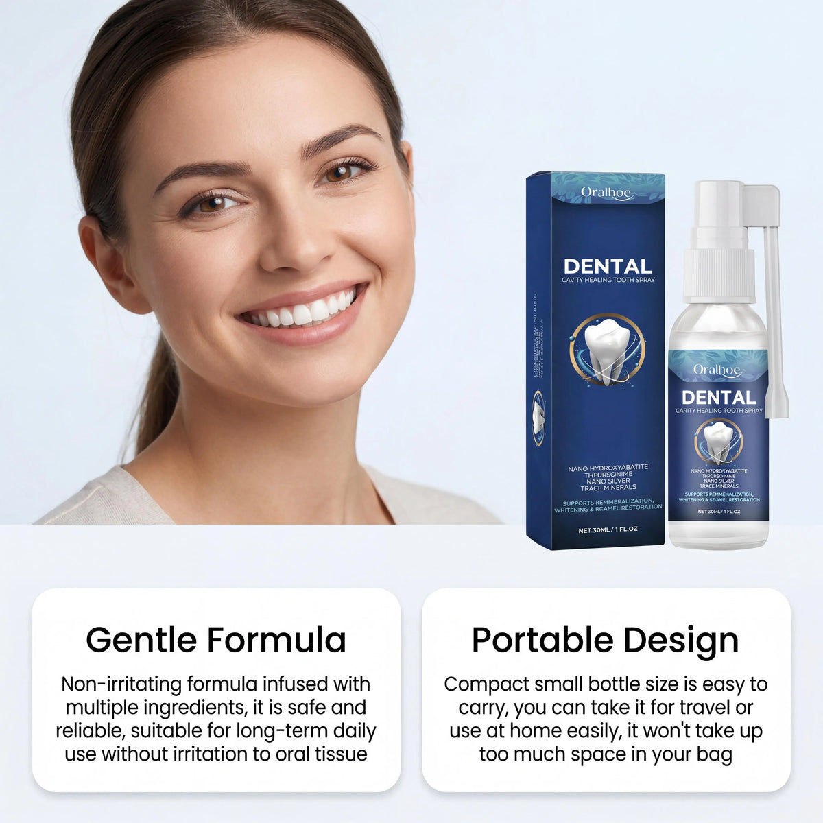 Oralhoe Cavity Care Tooth Spray Nano Hydroxyapatite Theobromine Nano Silver Trace Minerals Remineralization Whitening Enamel Restoration Oral Care Spray