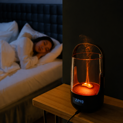 Emberly flame diffuser glowing on a wooden bedside table while a woman sleeps in a dark bedroom