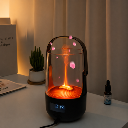 Emberly diffuser on a styled shelf with pink petals floating in its mist, beside a cactus and an essential oil bottle