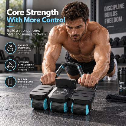 Illustrative strength-training lifestyle image with the CoreGlide six-wheel ab roller and phone holder.