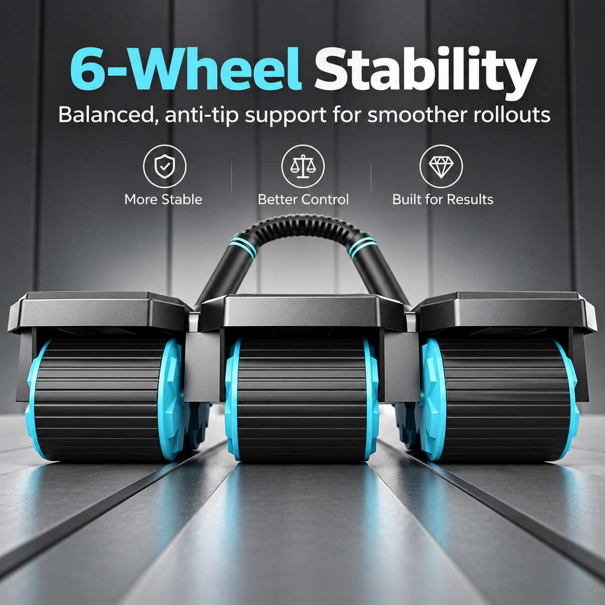 Front-facing illustration of the CoreGlide six-wheel base and curved handle.
