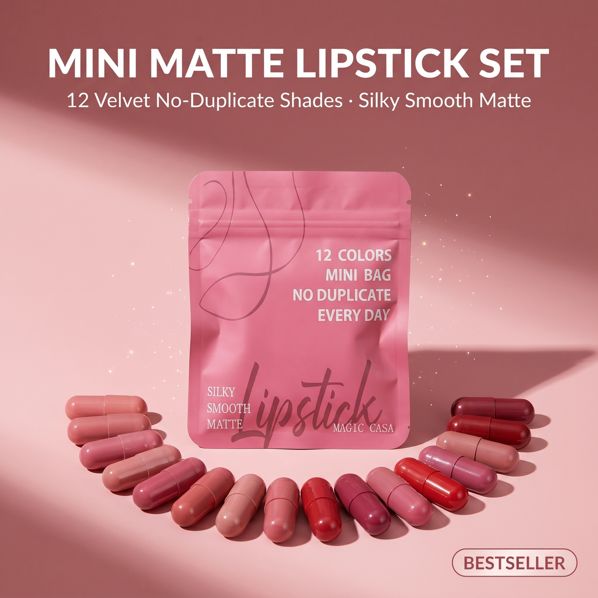 12-Color Mini Matte Lipstick Set - hero, pink pouch with 12 capsule mini lipsticks