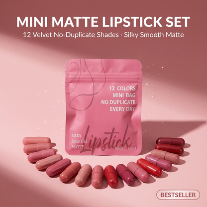 12-Color Mini Matte Lipstick Set - hero, pink pouch with 12 capsule mini lipsticks