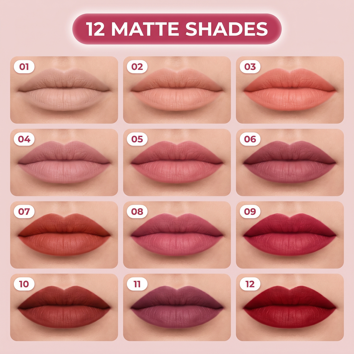 12 matte lipstick shades shown on lips, numbered 01 to 12