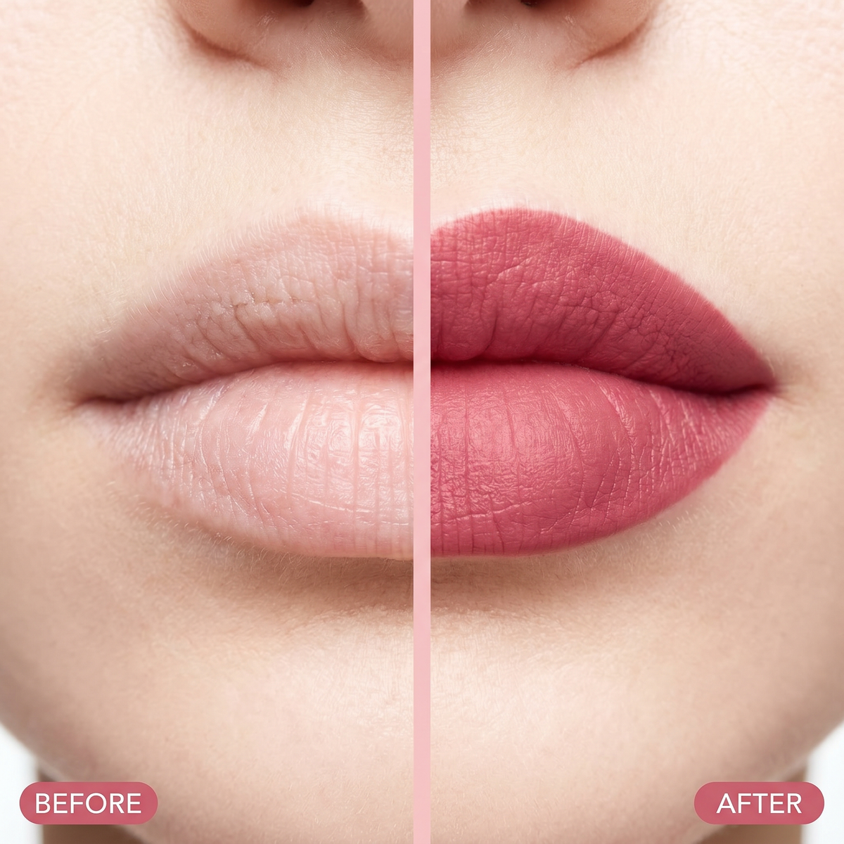 Before and after applying the matte lipstick