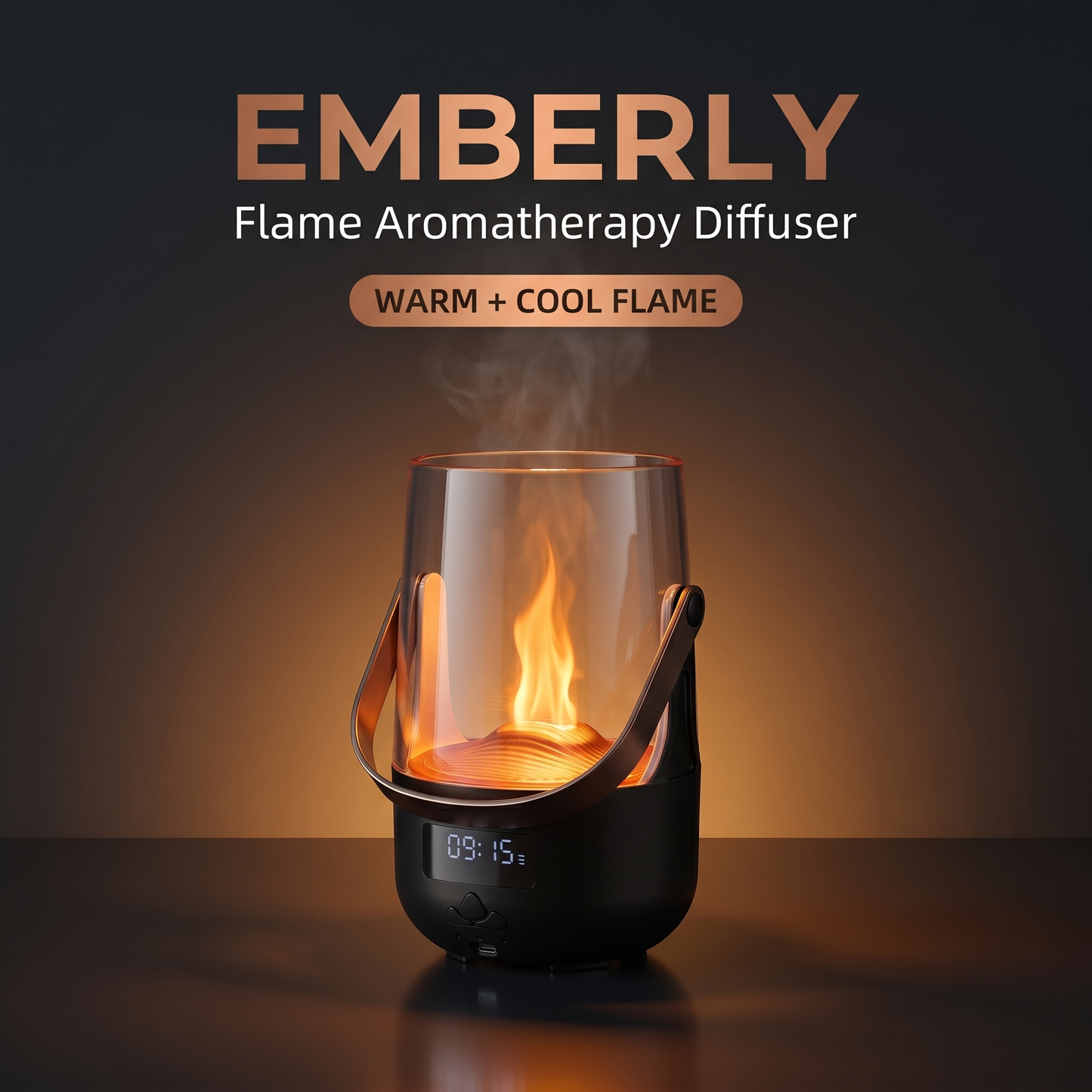 Emberly flame aromatherapy diffuser with a glowing orange flame and rising mist on a dark surface