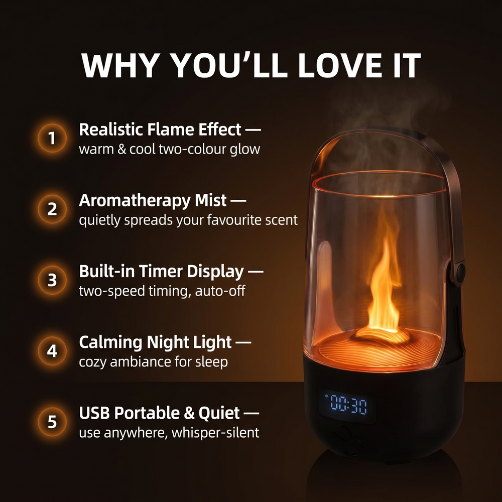 Emberly diffuser feature overview: realistic flame, aromatherapy mist, timer display, night light, and quiet USB operation