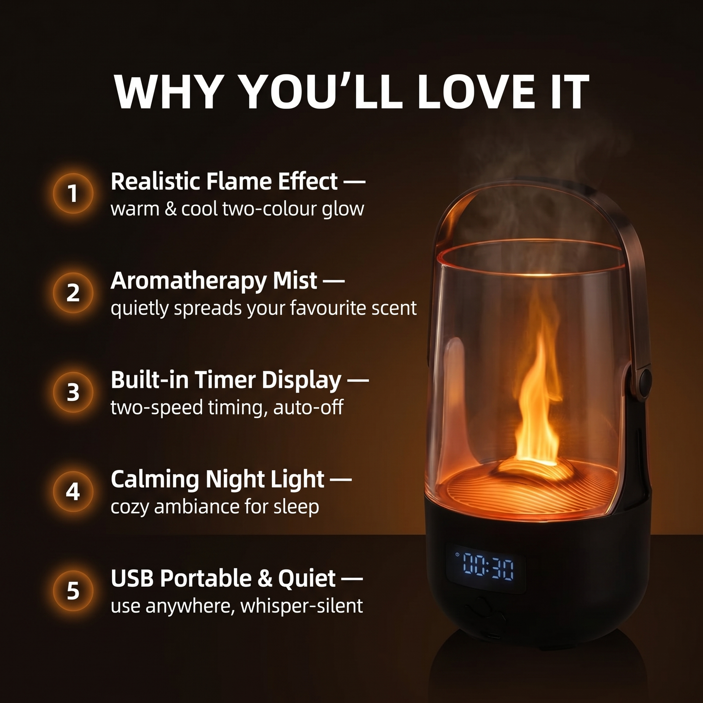 Emberly diffuser feature overview: realistic flame, aromatherapy mist, timer display, night light, and quiet USB operation
