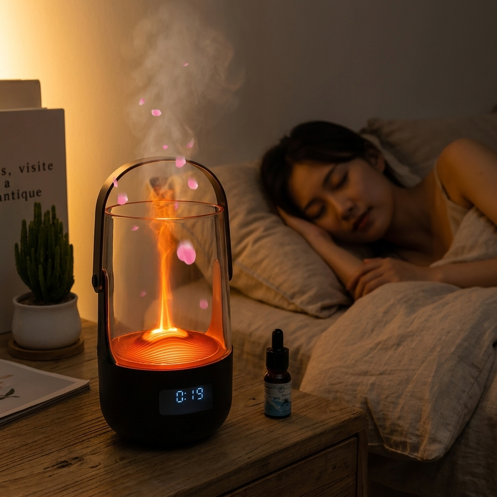 Emberly flame diffuser releasing mist and pink petals on a nightstand as a woman sleeps nearby