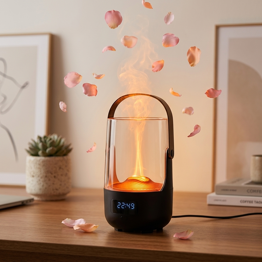 Emberly diffuser on a wooden desk with rose petals floating in its mist, next to a succulent and framed wall art
