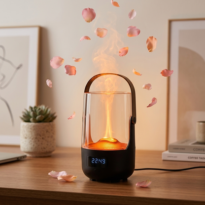 Emberly diffuser on a wooden desk with rose petals floating in its mist, next to a succulent and framed wall art
