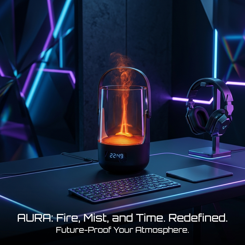 Emberly flame diffuser glowing on a gaming desk with purple RGB lighting, a keyboard, and a headset