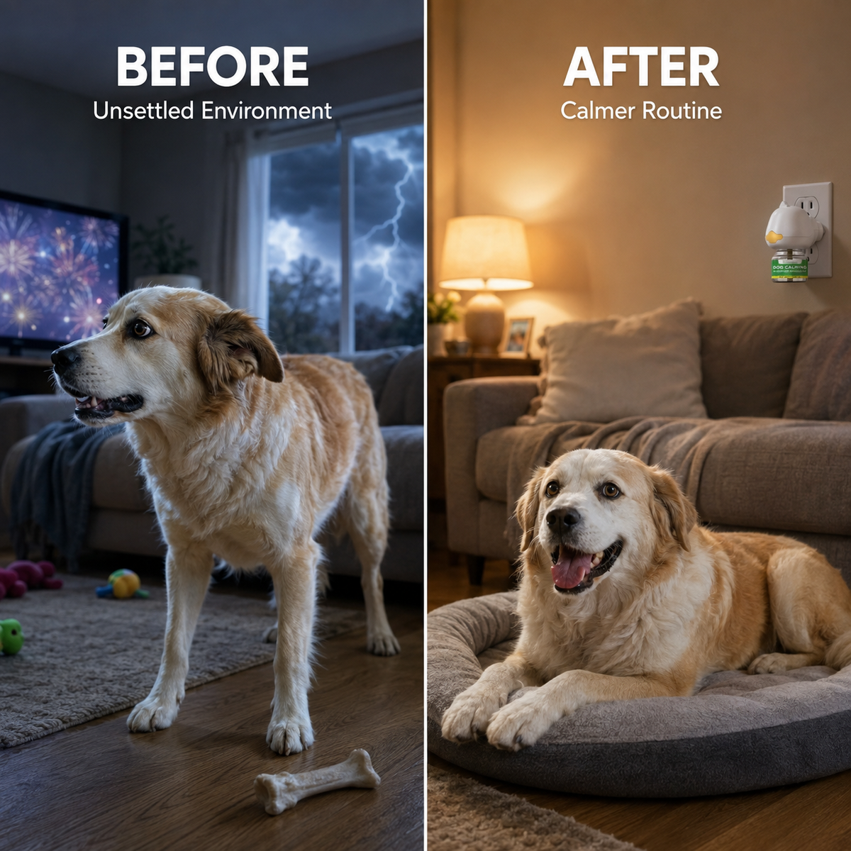 Dog before and after a calmer home routine with PawCalm